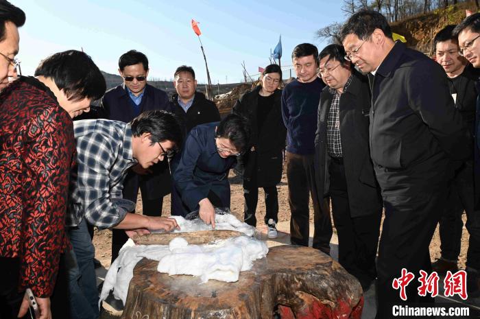 11月12日，山東省文旅廳廳長(zhǎng)王磊一行調(diào)研跋山遺址，在工地觀察出土的象牙鏟?！」渥?攝