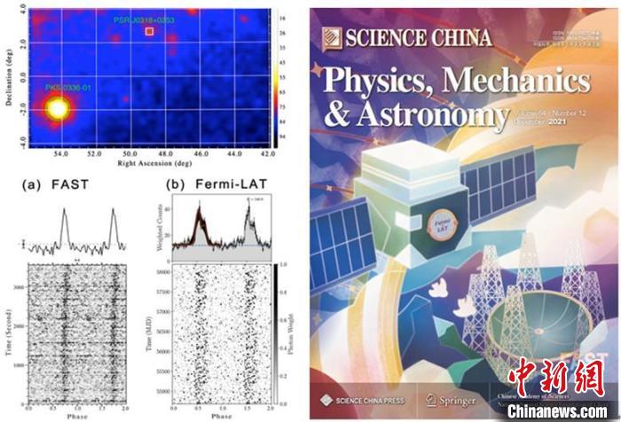 PSR J0318+0253位置和積分脈沖輪廓(左)；FAST-FermiLAT合作開(kāi)展脈沖星觀測(cè)。　國(guó)家天文臺(tái) 供圖