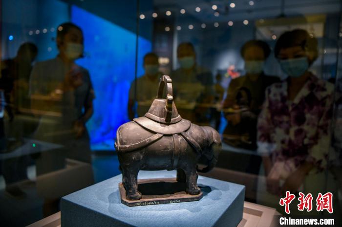展覽展出的元代《灰陶象尊》吸引參觀者?！●樤骑w 攝