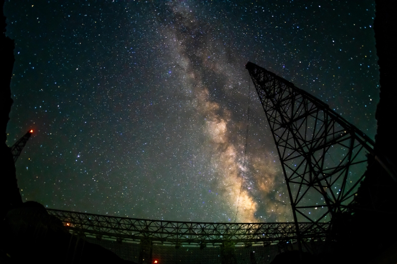 7月25日，夜空下的中國(guó)天眼（維護(hù)保養(yǎng)期間拍攝，長(zhǎng)時(shí)間曝光照片）。（圖源：新華社）