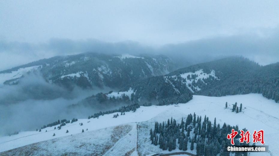 新疆喀拉峻草原深秋雪景美如水墨畫