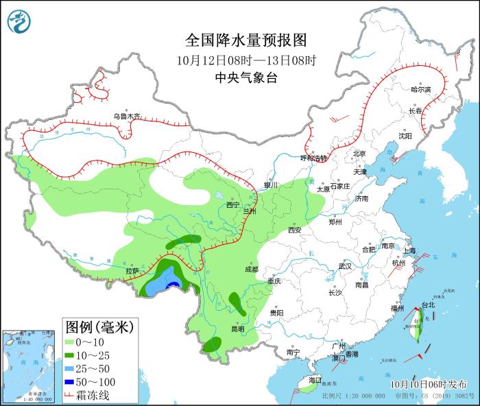全國(guó)降水量預(yù)報(bào)圖(10月12日08時(shí)-13日08時(shí))