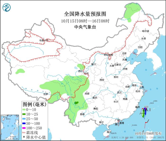 全國降水量預(yù)報圖(10月15日08時-16日08時)