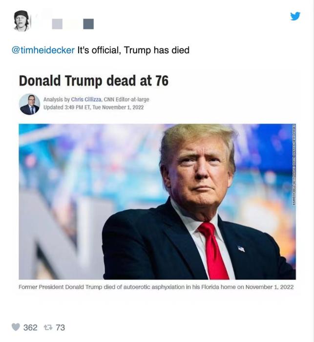 推特網(wǎng)友制作的“特朗普死了”CNN假報道截圖。