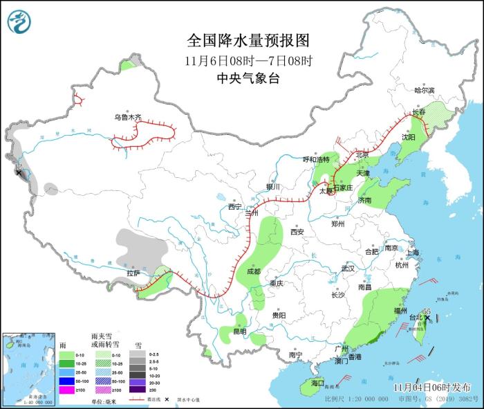 全國(guó)降水量預(yù)報(bào)圖(11月6日08時(shí)-7日08時(shí))