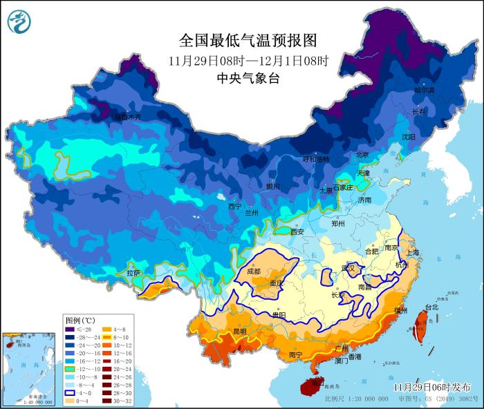 圖2 全國最低氣溫預(yù)報(bào)圖(11月29日08時-12月1日08時)