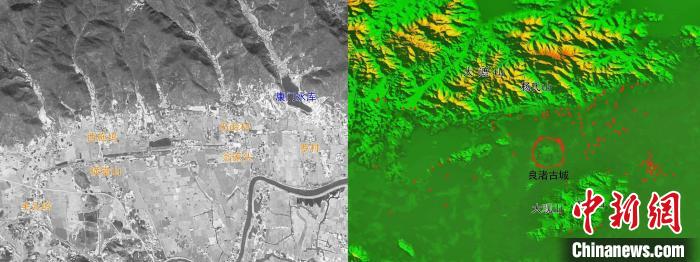 左：塘山壩群Conora衛(wèi)星影像圖；右：良渚遺址群分布圖。　劉建國 供圖