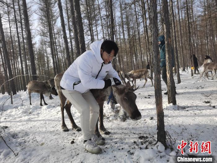 圖為與馴鹿合影的臺灣青年們。　李愛平 攝