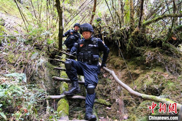 4月9日，拉郊邊境派出所移民管理警察在邊境地區(qū)原始森林進(jìn)行戍邊巡邏?！〗w波 攝