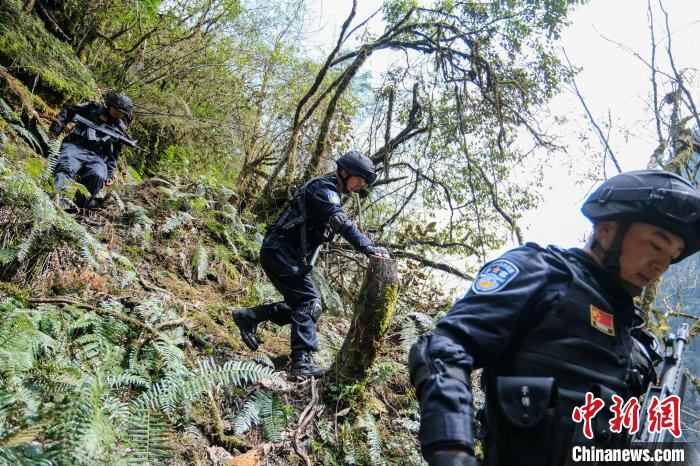 4月9日，拉郊邊境派出所移民管理警察在邊境地區(qū)原始森林進(jìn)行戍邊巡邏?！〗w波 攝