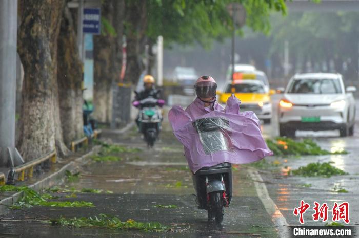 圖為海口市民冒雨出行。　駱云飛 攝