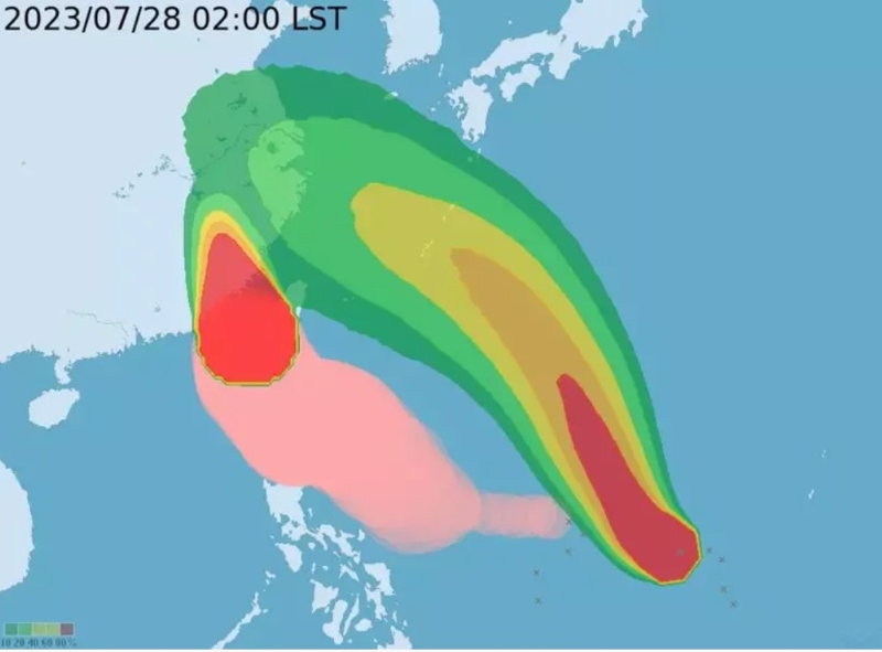 目前太平洋地區(qū)有兩個(gè)臺風(fēng)，分別為中臺“杜蘇芮”(左)和輕臺“卡努”(右)。圖為暴風(fēng)圈侵襲機(jī)率。(圖取自臺氣象部門網(wǎng)頁) 圖片來源：臺灣“中時(shí)新聞網(wǎng)”