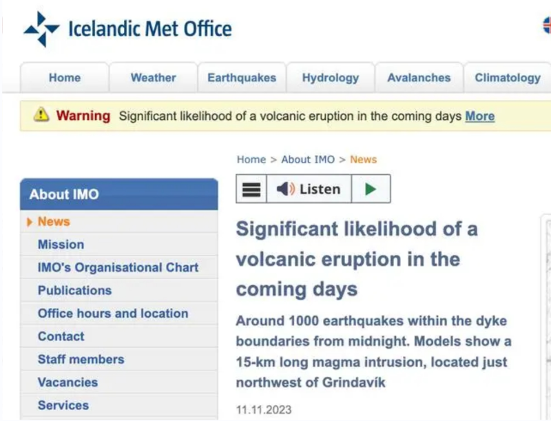 冰島氣象局警告未來幾天火山噴發(fā)可能性極大。冰島氣象局網(wǎng)站截圖